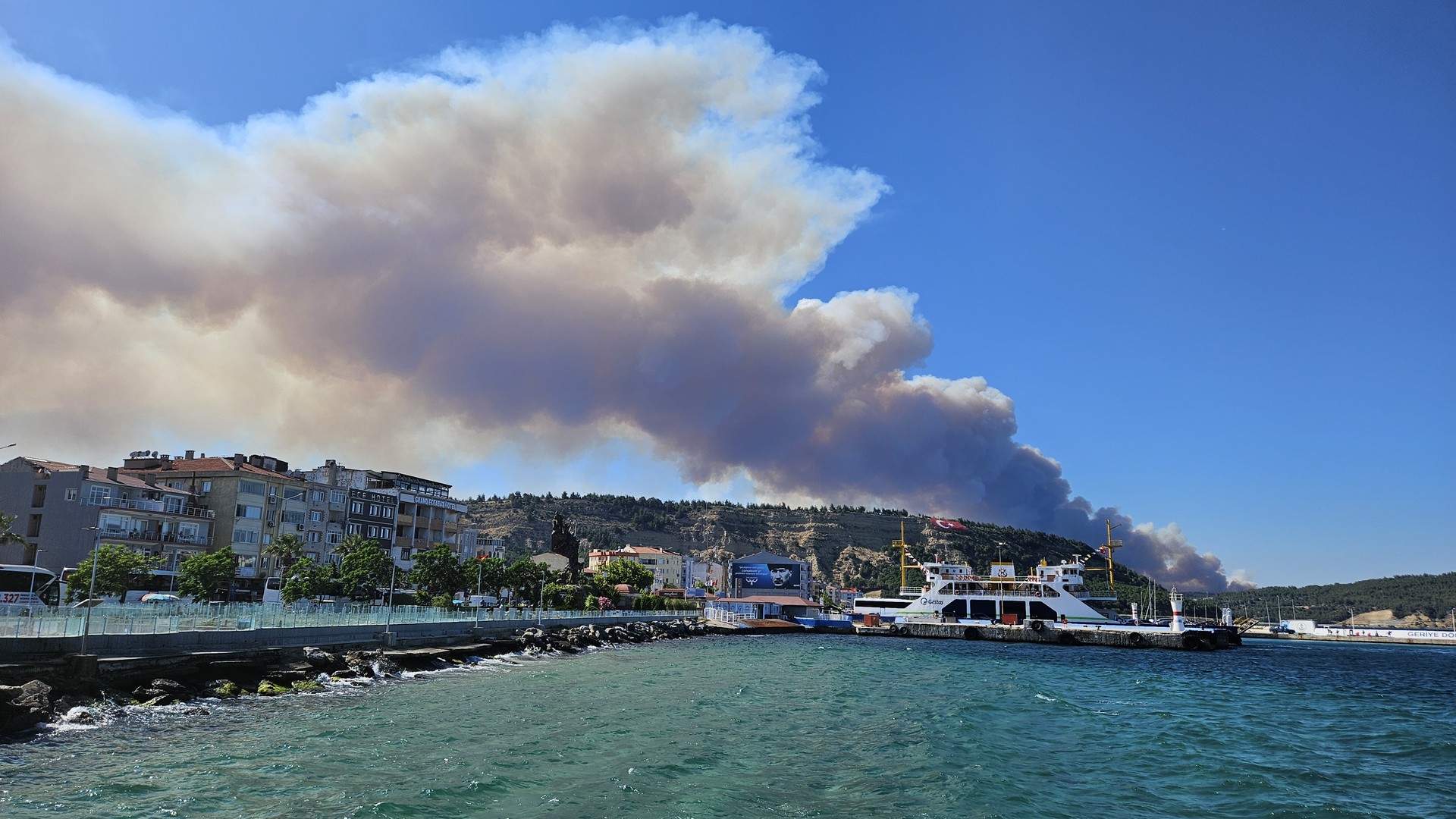 Due to the fire in the agricultural land and forestry area in the Eceabat district of Canakkale, it was reported that the strait traffic was suspended in one direction, Canakkale, Türkiye, June 18, 2024. (AA Photo)