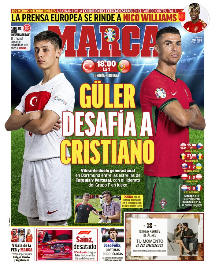 Spanish daily Marca features Arda Guler and Cristiano Ronaldo on the front page ahead of the Türkiye-Portugal match, June 22, 2024. (Photo by Spanish Daily)