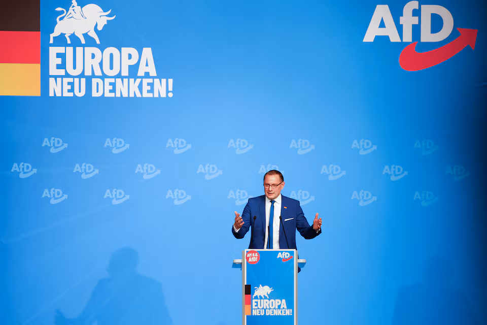 Member of AfD Tino Chrupalla speaks as the right-wing Alternative for Germany (AfD) party launches its campaign for highly contested elections, in the three east German regions of Saxony, Thuringia, Brandenburg, and the European Parliament elections in Donaueschingen, Germany April 27, 2024. (Reuters)