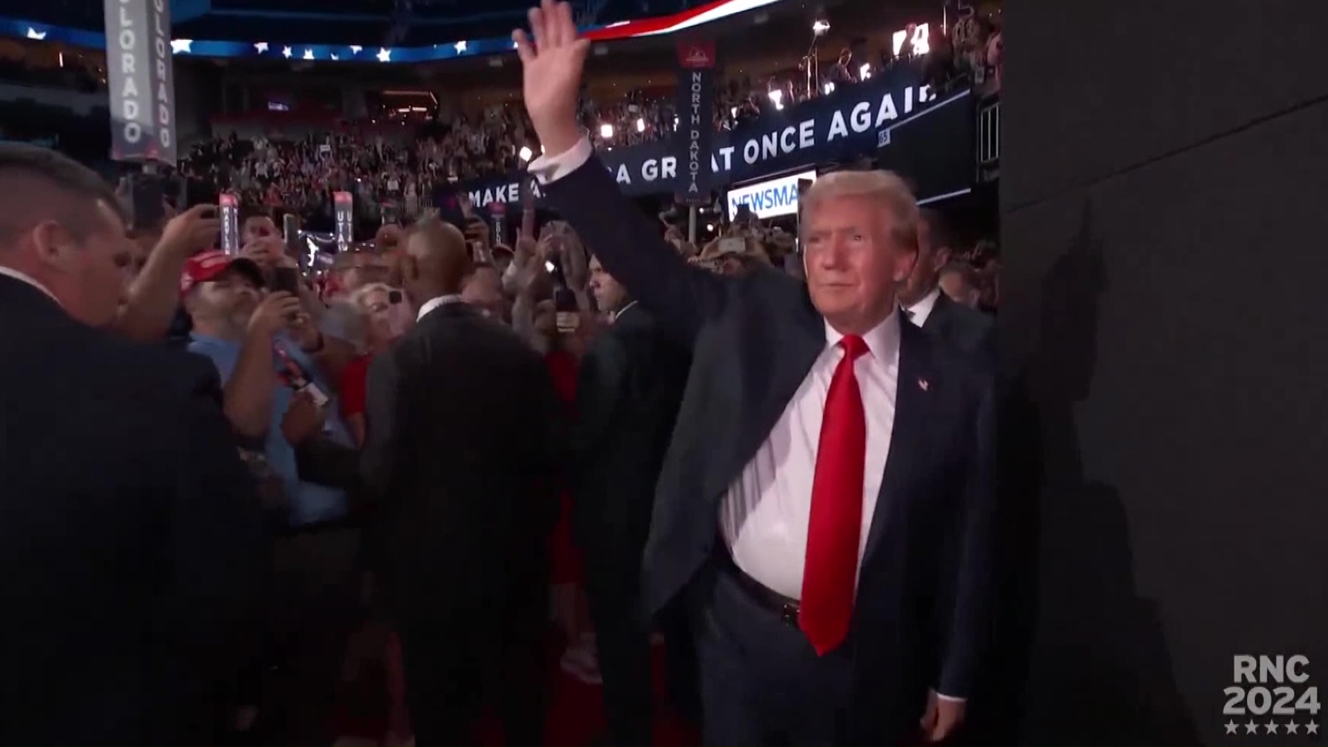 Donald Trump, former US President and Republican presidential candidate for the US elections, made his first public appearance since the assassination attempt. Trump attended the Republican National Convention, Milwaukee, July 16, 2024 (AA Photo)