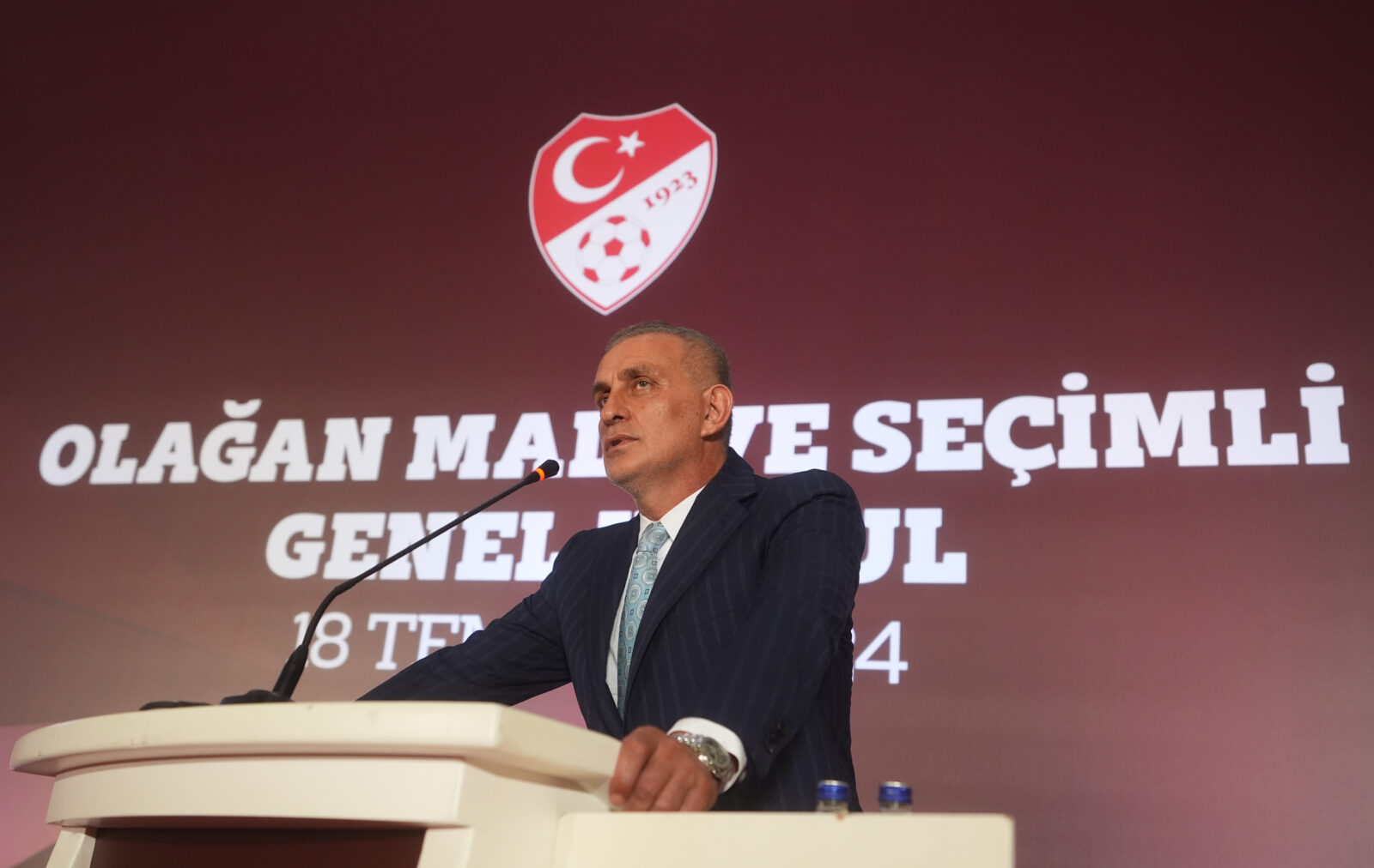 Ibrahim Haciosmanoglu, who won the presidency at the Ordinary Financial and Electoral General Assembly of the Turkish Football Federation (TFF) gave speech at the JW Marriott Hotel in Ankara