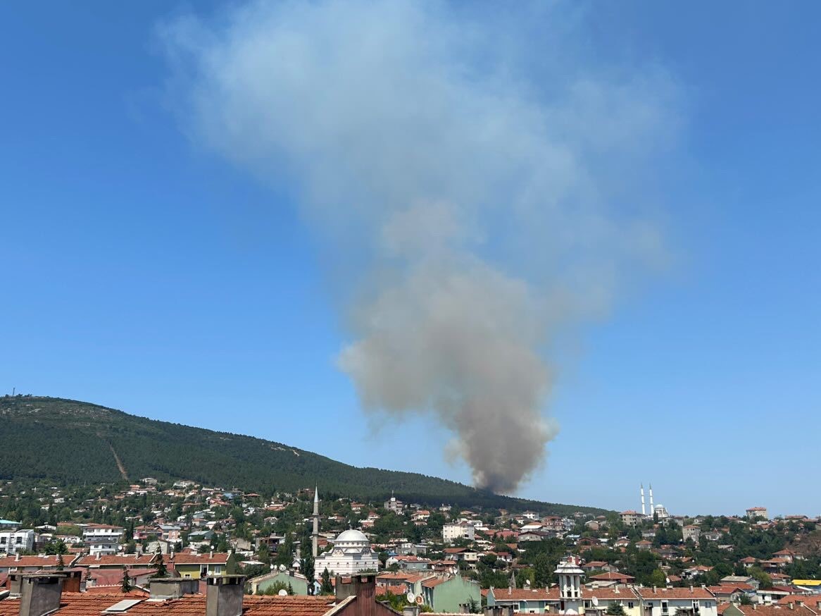 A fire has broken out in Aydos Forest, Pendik, Istanbul. Fire crews and a firefighting helicopter are actively working to extinguish the blaze. (IHA Photo)