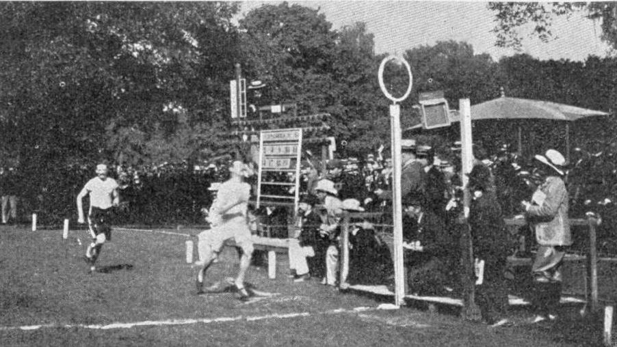 Finish line of the 1500 meters of the 1900 Olympics, Charles Bennett (Anglo Amateur Athletic Association) beats Henri Deloge (Racing-club de France), Paris, France, July 15, 1900. (Photo from Wikipedia)