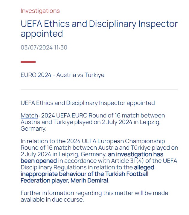 Official announcement from UEFA regarding the matter, July 3, 2024. (UEFA Photo)