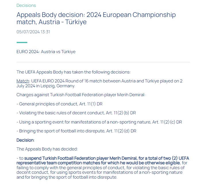 UEFA gives Merih Demiral a 2-match ban