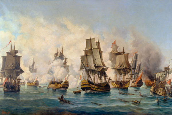 Several ships sailing in the Aegean Sea, oil on canvas. (Painted by Antonio Jose Ramos in 1956 as a copy of the original by Joao Dantas in 1812)