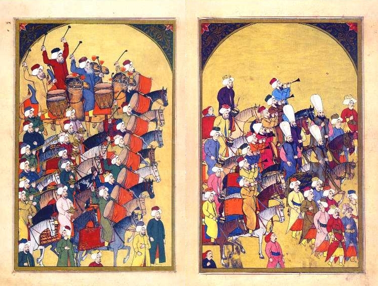 Mehterhane, Ottoman miniature painting, from the "Surname-i Vehbi" (fol. 172a - left- and 171b - right) at Topkapi Palace Museum, in Istanbul, Turkiye (Photo by Topkapi Palace Museum)
