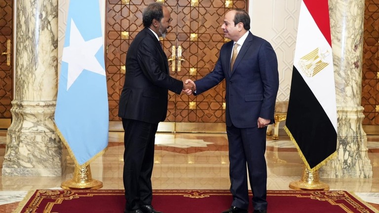 Egyptian President Abdel Fattah el-Sisi and the Somalian President Hassan Sheikh Mohamud shake hands after a meeting in Cairo, Egypt. (Somalian Presidency Photo) 