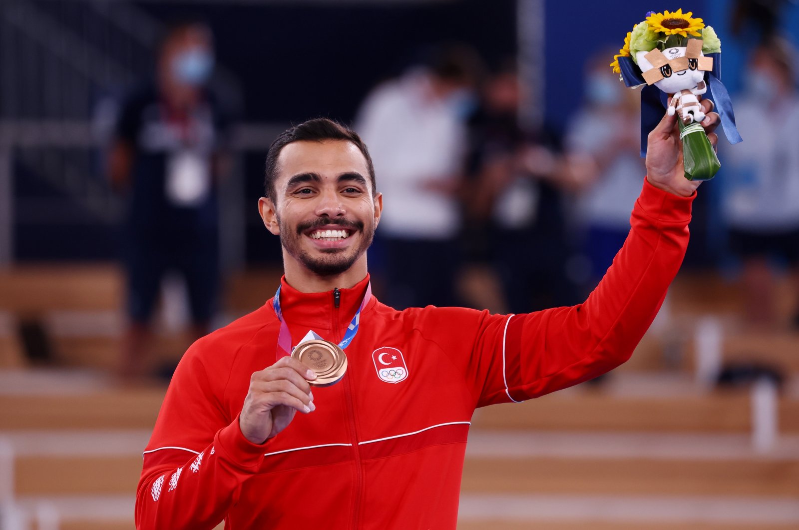 Ferhat Arican celebrates winning bronze in men’s parallel bars at the Tokyo 2020 Olympics, Ariake Gymnastics Centre, Tokyo, Japan, Aug. 3, 2021. (Reuters Photo)