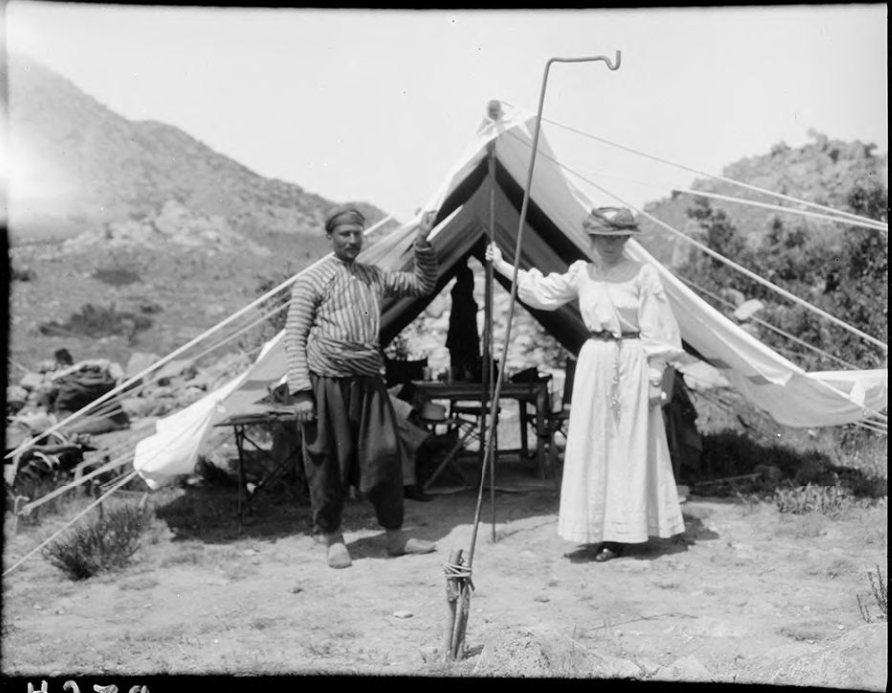 Gertrude Bell and Fattuh standing in front of a tent at excavation camp, Konya, in Türkiye, 1907 (Photo via Gertrude Bell's Archive)