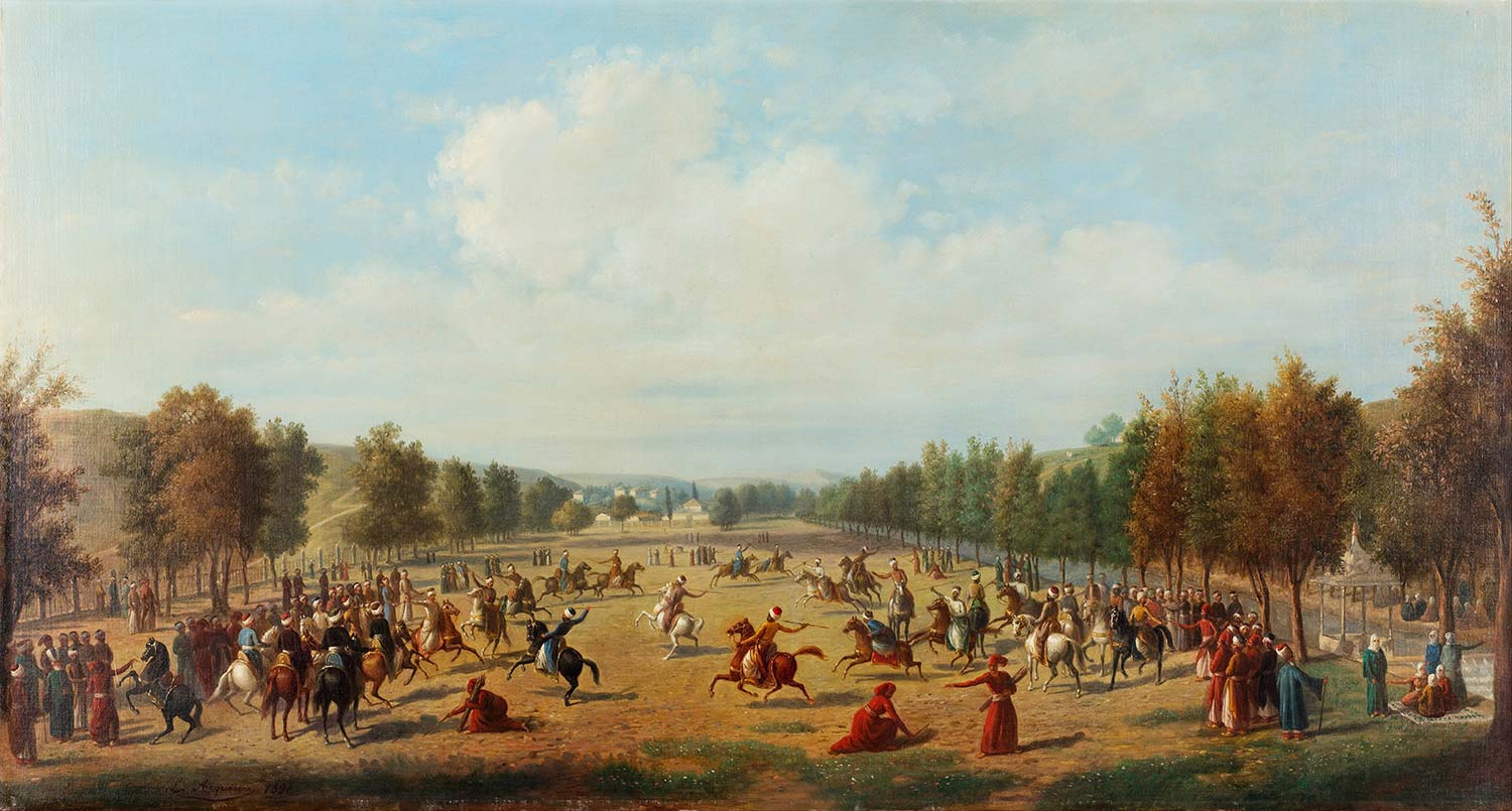 Italian painter Luigi Acquarone's (1800 - 1896) "The Javelin Game in Kagithane," it is known that the painter worked as a painter at the palace in Istanbul during the reign of Abdülhamid II and died in Istanbul (Painting by Luigi Acquarone)