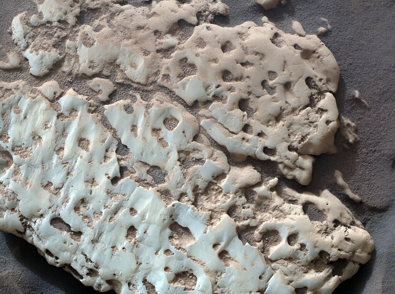 NASA’s Curiosity captured this close-up image of a rock nicknamed “Snow Lake” on June 8, 2024, the 4,209th Martian day, or sol, of the mission. Nine days earlier, the rover had crushed a similar-looking rock and revealed crystalline textures—and elemental sulfur—inside (Photo by NASA/JPL-Caltech/MSSS)