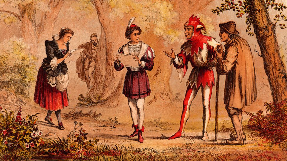 Shakespeare’s As You Like It features a cross-dressing character when Rosalind (centre) disguises herself as a boy called Ganymede.
