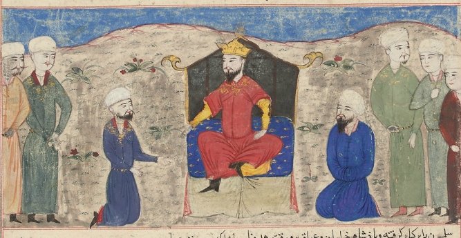 Miniature painted illustration from the Majma' al-Tawarikh of Hafiz 'Abru, depicting Alp Arslan's accession to the throne of Herat, circa 1425. (Photo via Wikimedia)