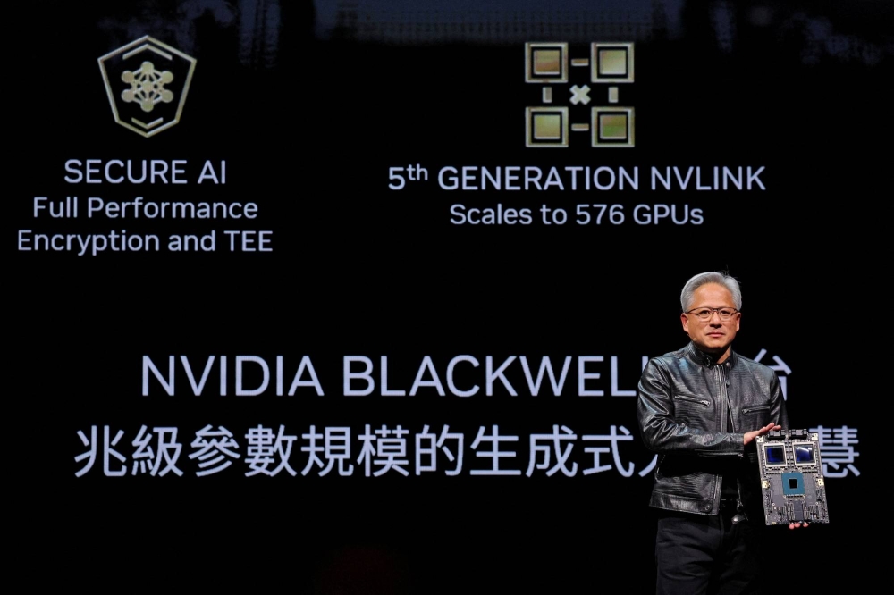 Nvidia CEO Jensen Huang present NVIDIA Blackwell platform at an event ahead of the COMPUTEX forum, in Taipei, Taiwan June 2, 2024. (Reuters Photo)