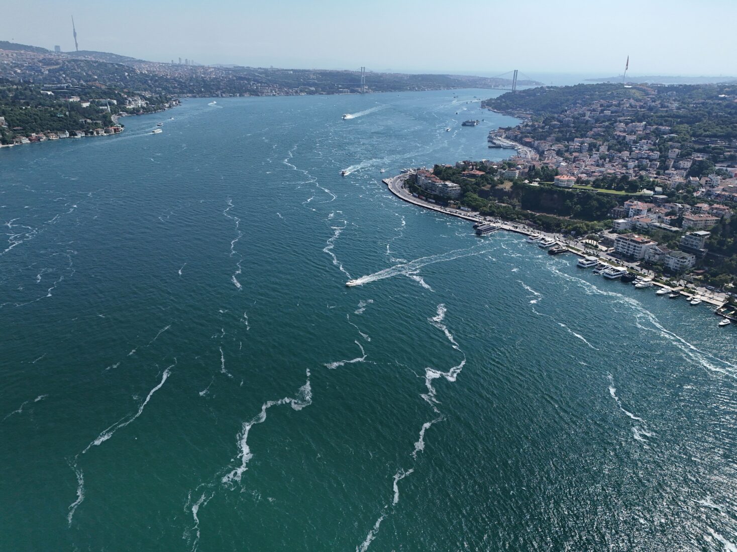 Bosphorus fills with foam, a harbinger of mucilage, Istanbul, Türkiye, June 10, 2024. (IHA Photo)