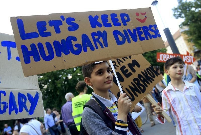 A boy attends a protest against Hungarian Prime Minister Viktor Orban's immigration policy proposals in central Budapest, Hungary, May 19, 2015. (Reuters Photo)