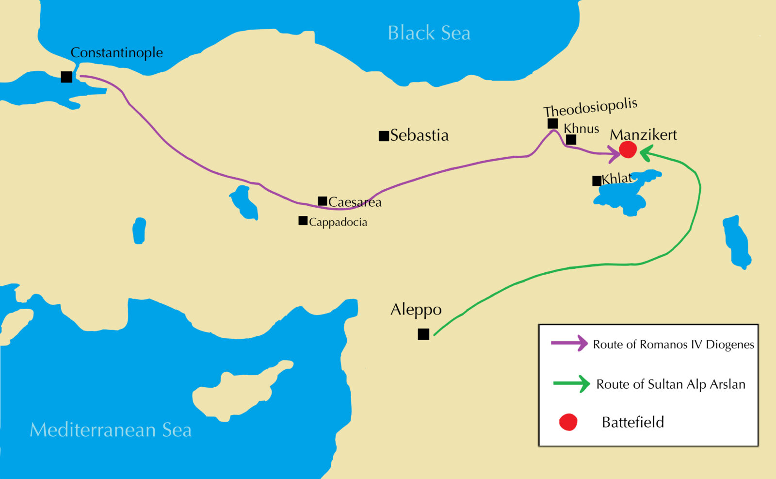 Having made peace with the Byzantines, the Seljuks intended to attack Egypt until Alparslan learned in Aleppo of the Byzantine advance. He returned north and met the Byzantines north of Lake Van (Mapping by Bakayna)