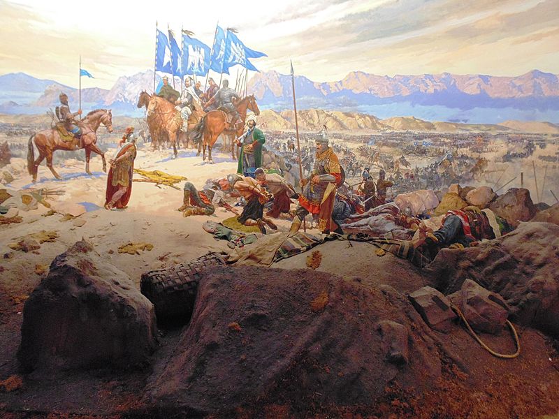 A painting depicting the aftermath of the Battle of Manzikert (Mantzikert) in August 1071 CE. The battle, in Armenia, was one of the greatest defeats suffered by the Byzantine Empire. The victorious Seljuk army captured the Byzantine emperor Romanos IV Diogenes (Painting from Diorama at the Istanbul Military Museum)