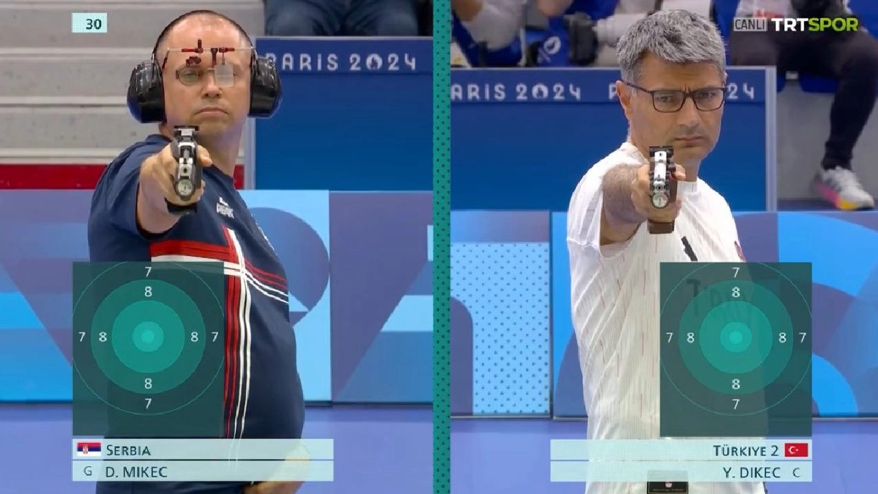 Damir Mikec and Yusuf Dikec competing in 10m Air Pistol Mixed Team in the 2024 Paris Olympics on July 31, 2024. (Photo via TRT)