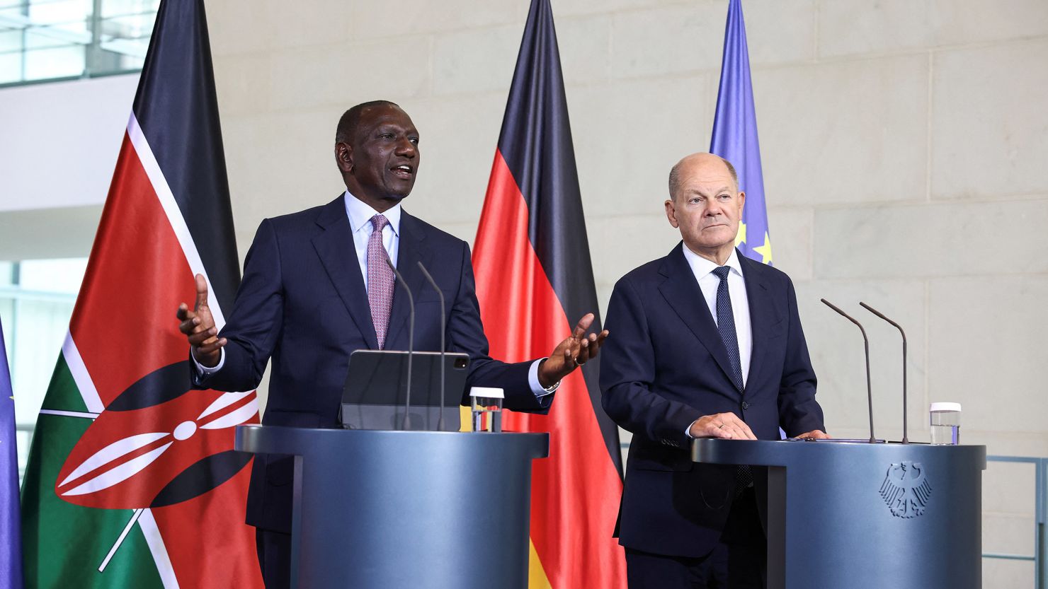 Kenyan President William Ruto and German Chancellor Olaf Scholz give a press conference in Berlin on Friday. (Liesa Johannssen/Reuters)