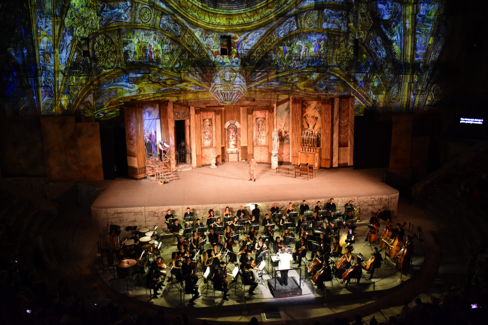 On the final day of the 31st International Aspendos Opera and Ballet Festival organized by the General Directorate of State Opera and Ballet under the Ministry of Culture and Tourism, the opera Tosca was staged in Antalya, Türkiye, Sept. 26, 2024. (AA Photo)