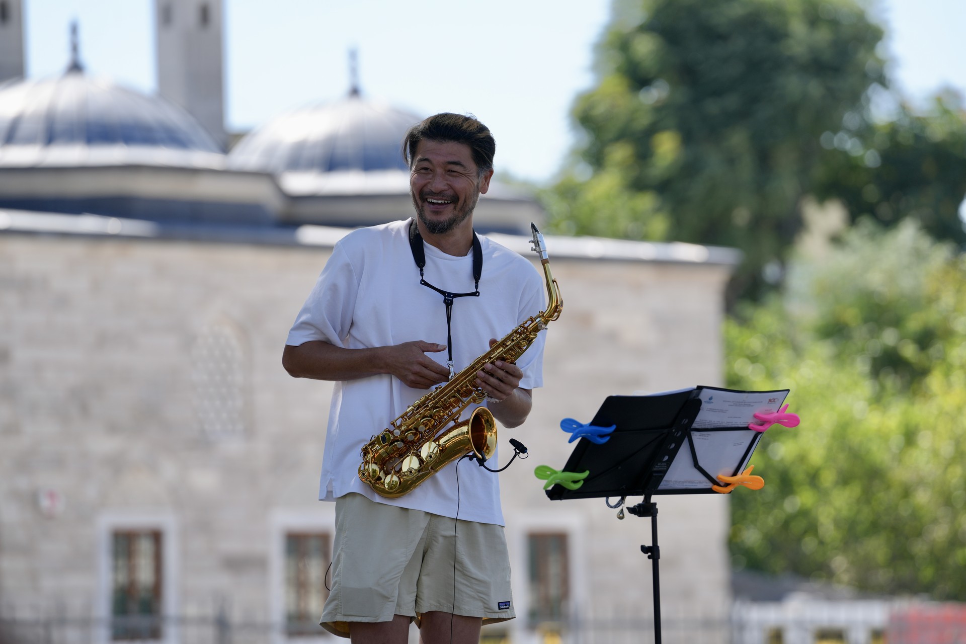 49-year-old Toshiya Chiba, an electrical engineer from Japan, has been delighting the people of Istanbul with his saxophone performances in Beyazit Square since moving to the city three years ago, Türkiye, September 19, 2024 (AA Photo)