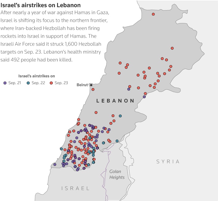 Israel's airstrikes on Lebanon (via Reuters) 