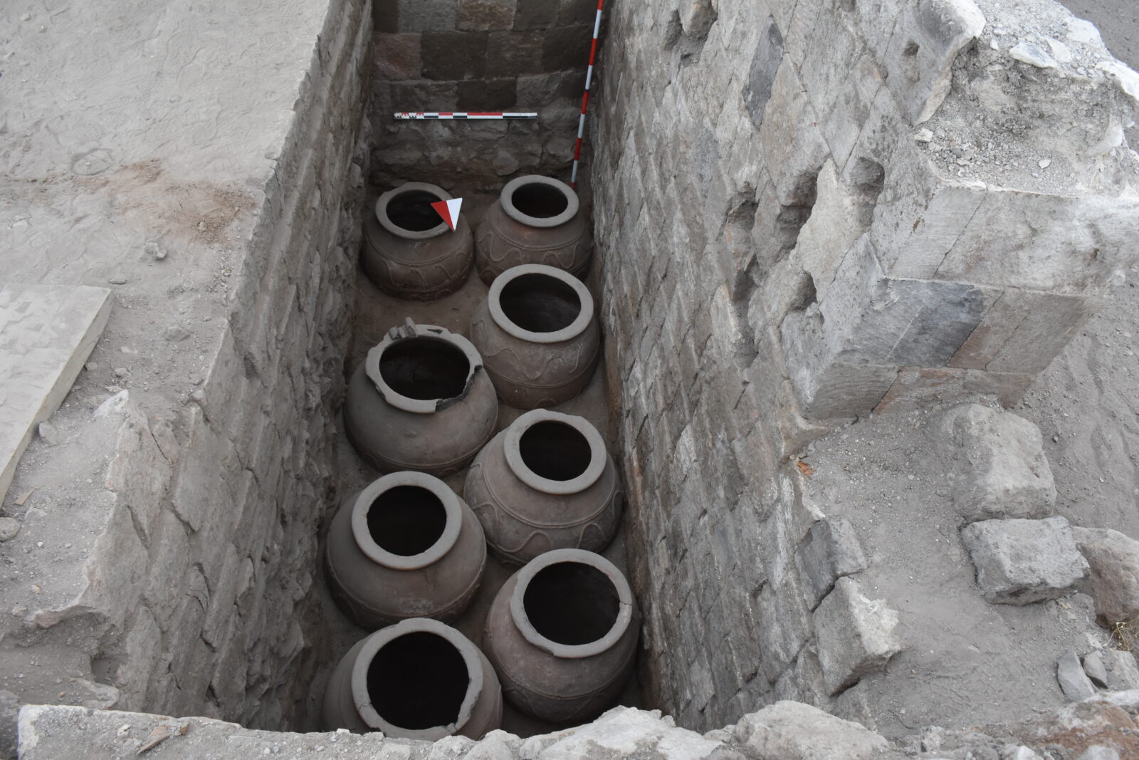 A Seljuk food storage and a ceramic fragment with a peacock motif, symbolizing paradise in medieval mythology, were discovered during excavations at the Ani ruins in Kars, Türkiye, Sept. 10, 2024. (AA Photo)