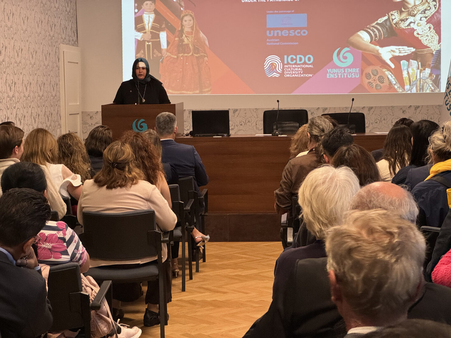 The opening of the art exhibition organized by the Vienna Yunus Emre Institute (YEE) in collaboration with the International Cultural Diversity Organization (ICDO) took place in Vienna, the capital of Austria, Sept. 25, 2024. (AA Photo)