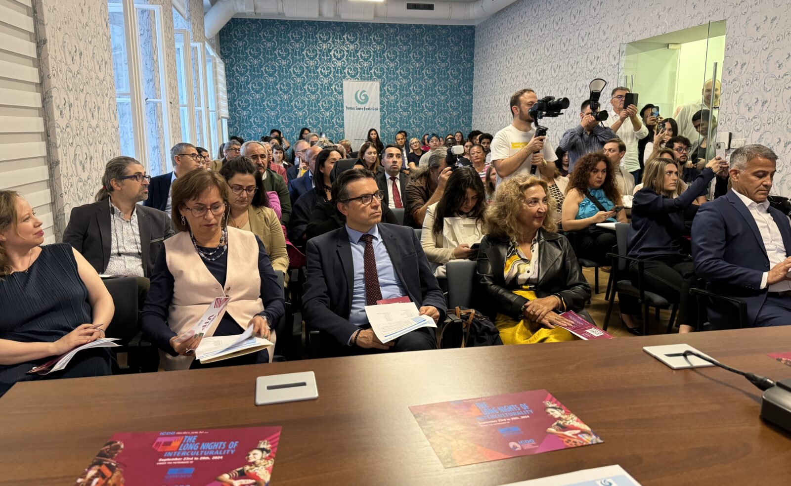 The opening of the art exhibition organized by the Vienna Yunus Emre Institute (YEE) in collaboration with the International Cultural Diversity Organization (ICDO) took place in Vienna, the capital of Austria, Sept. 25, 2024. (AA Photo)