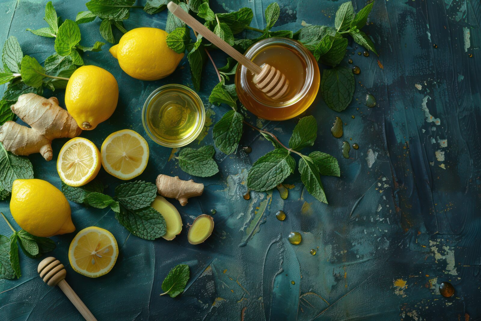 Composition with lemons, mint, ginger, honey in a glass jar and honey wooden dippers top view. Food for immunity stimulation and against seasonal flu. Healthy natural remedies to boost immune system. (Adobe Stock Photo)