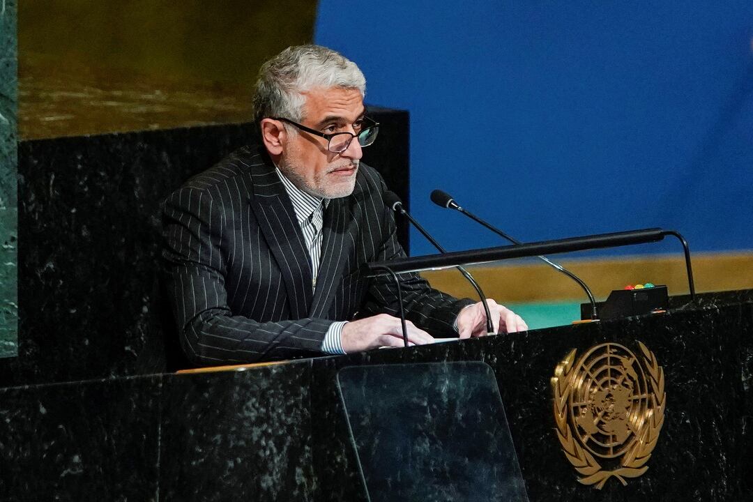 Iran’s Ambassador to the United Nations Amir Saeid Iravani speaks to delegates before a vote on a resolution recognizing Russia must be responsible for reparation in Ukraine at the United Nations Headquarters in New York, U.S., November 14, 2022 (Reuters Photo)