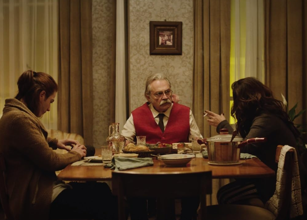 Haluk Bilginer, Sebnem Bozoklu, and Recep Usta in Sahsiyet, 2018. (Photo via IMDb)