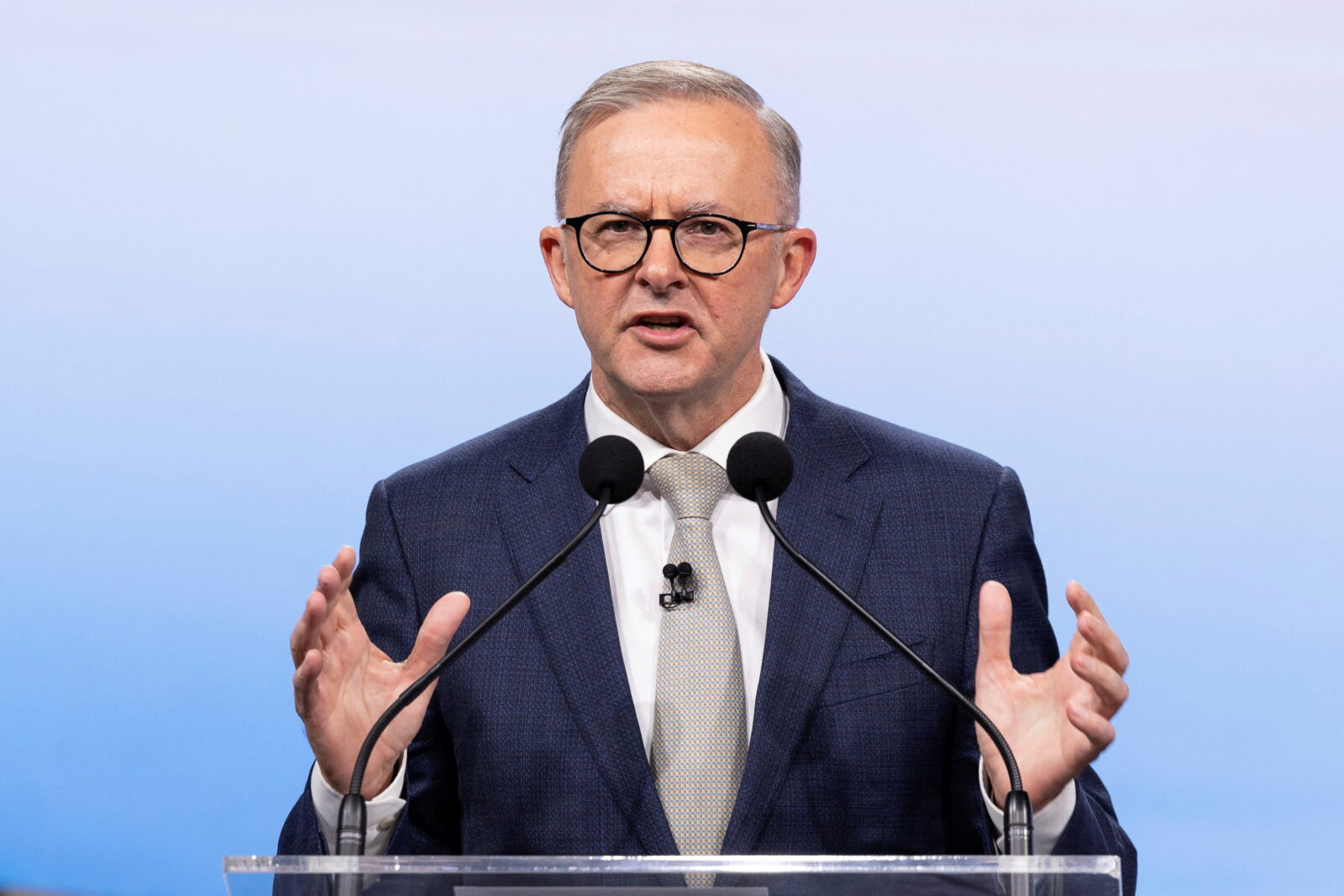 Anthony Albanese during the second leaders' debate of the 2022 federal election campaign at the Nine studio in Sydney, Australia May 8, 2022. (Reuters Photo)