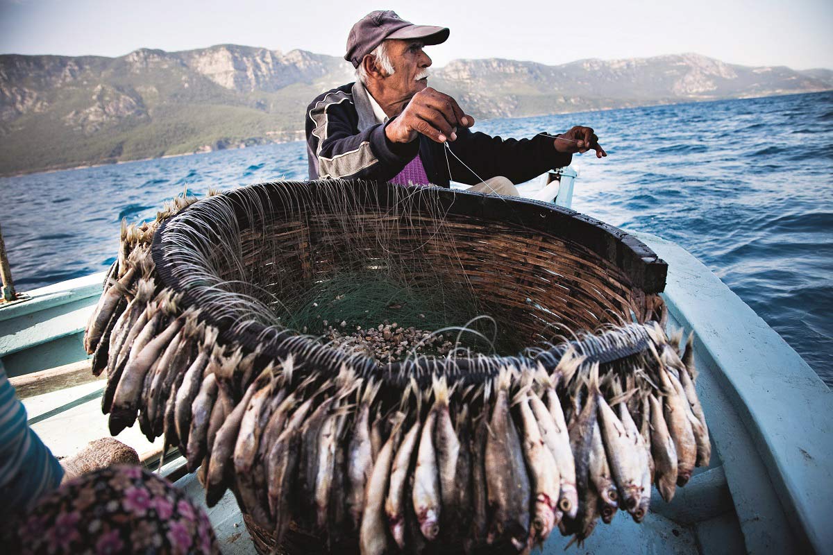 Mr. Tahir , one of the oldest fishermen of Mugla Akyaka, casts his longline into the waters of Gokova. Depending on the season, local fishermen use nets or longlines, sometimes fishing in deep waters and other times in shallow areas, Türkiye, June 8, 2020 (Photo via Aytunc Akad)