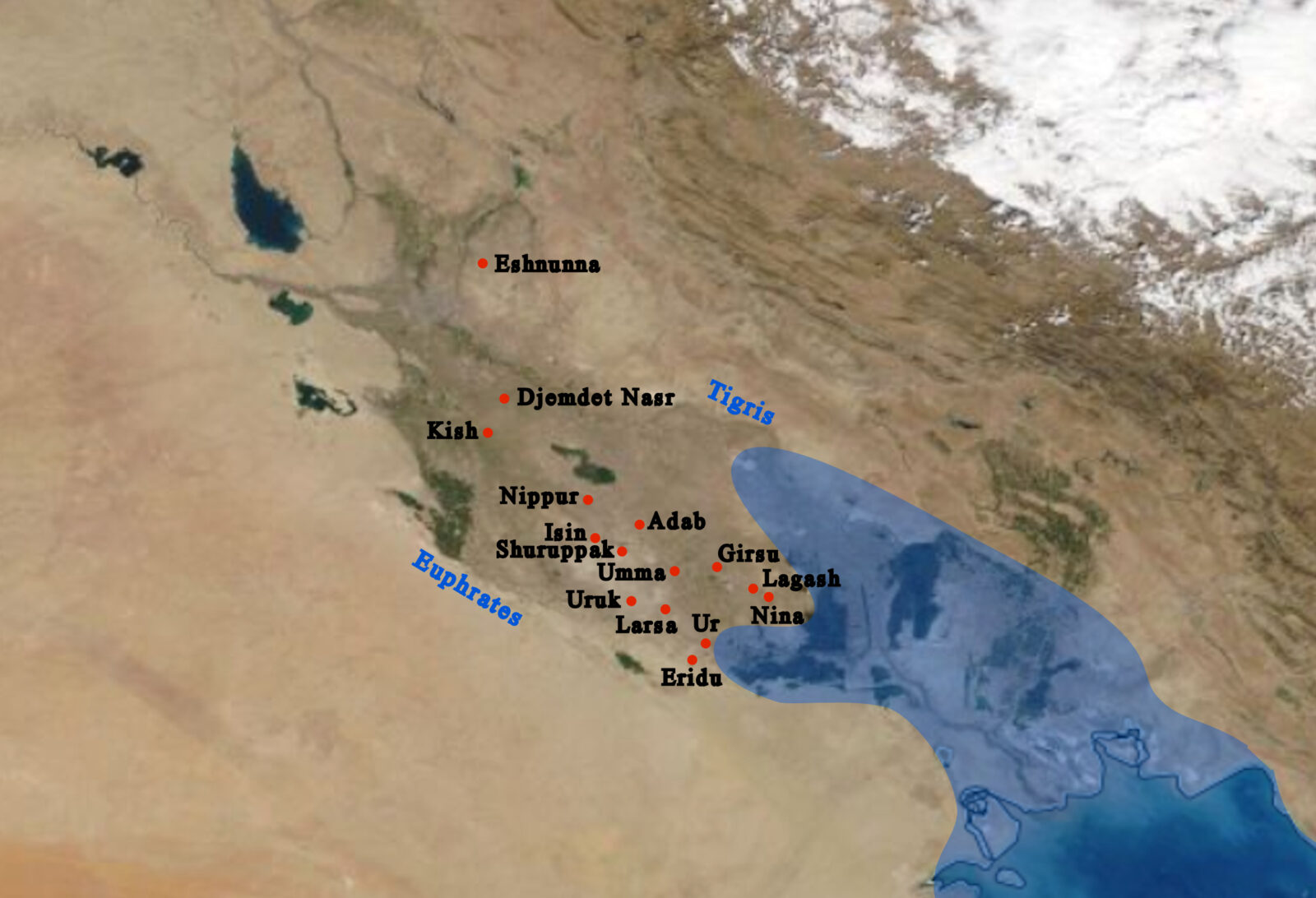 The general location on a modern map, and main cities of Sumer with ancient coastline. The coastline nearly reached Ur in ancient times, January 12, 2021 (Mapping by Wikimedia)
