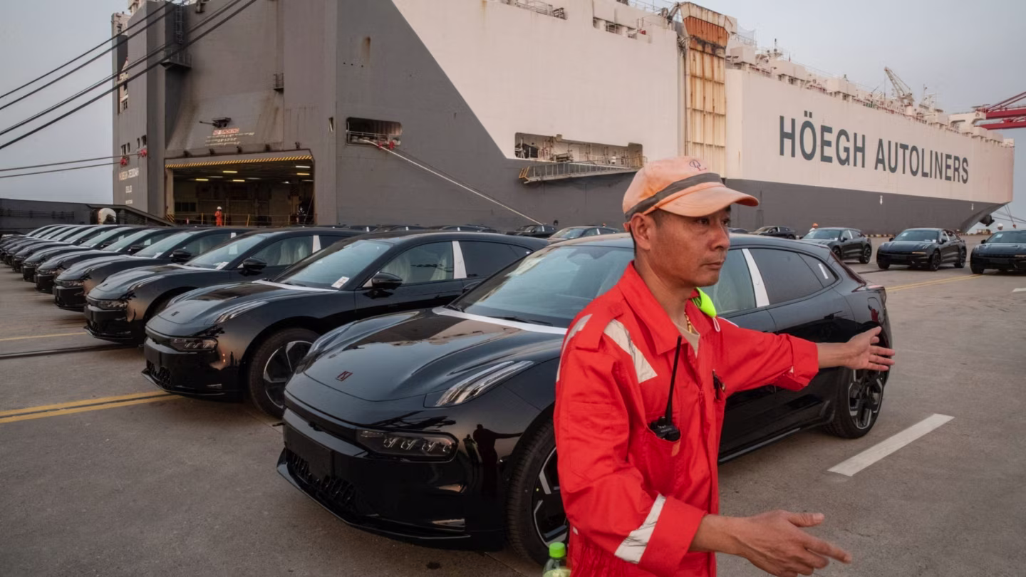 Chinese Zeekr electric vehicles bound for shipment to Europe at the Port of Taicang, China (Photo via Bloomberg)