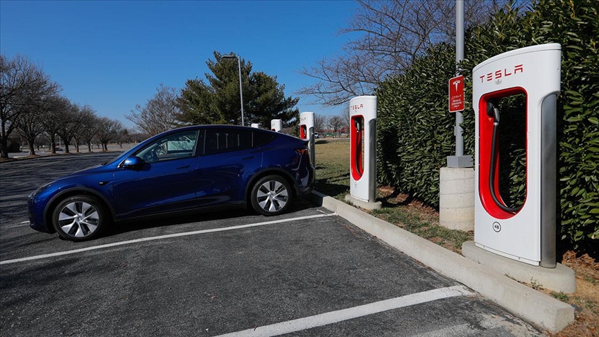 A Tesla vehicle being charged in a Tesla charging station. (AA Photo) 