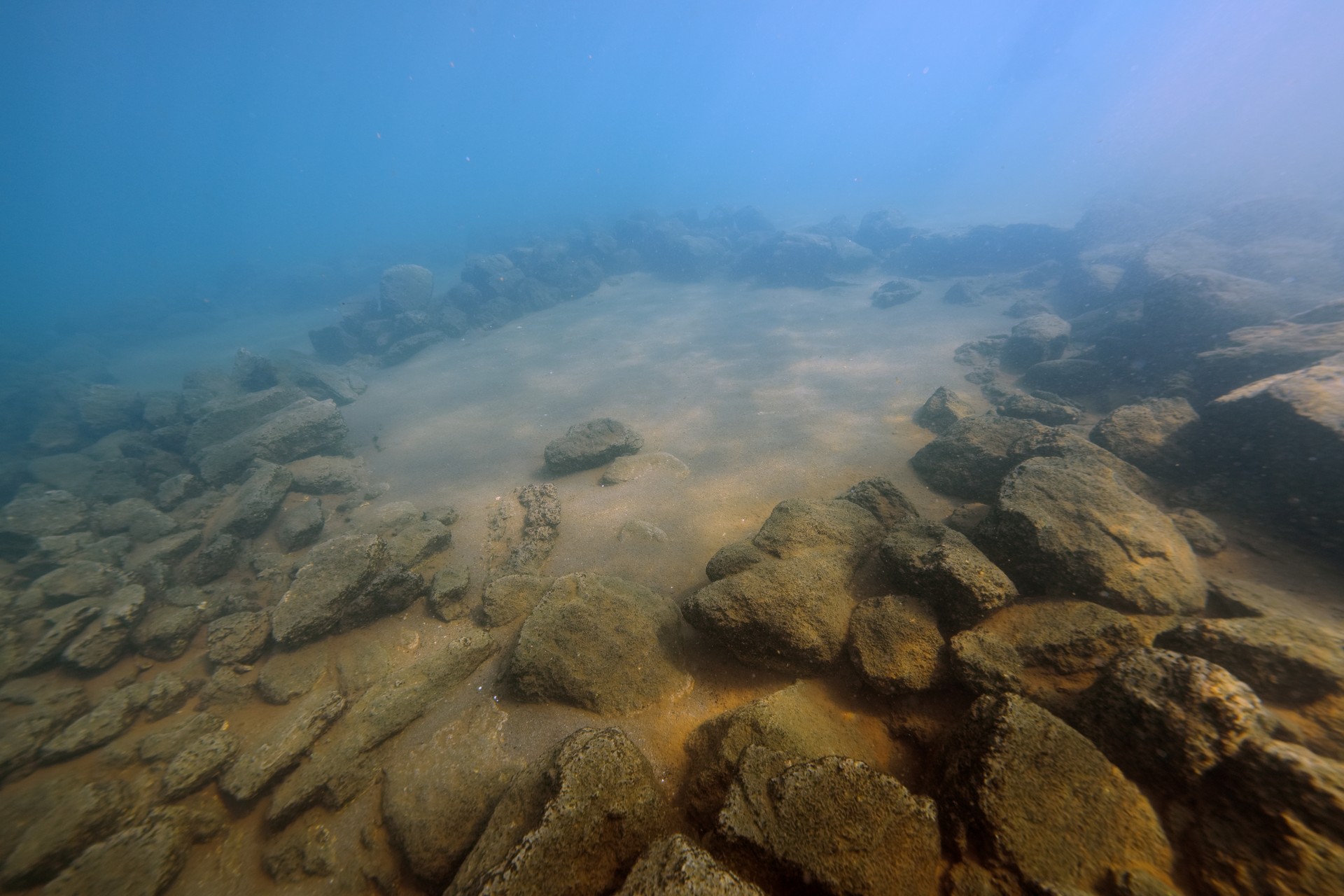 An underwater view photo shows the remains of some buildings that becomes visible on the shores of Bitlis as a result of the recession in Lake Van due to drought in Bitlis, Türkiye, October 11, 2024. (AA Photo)