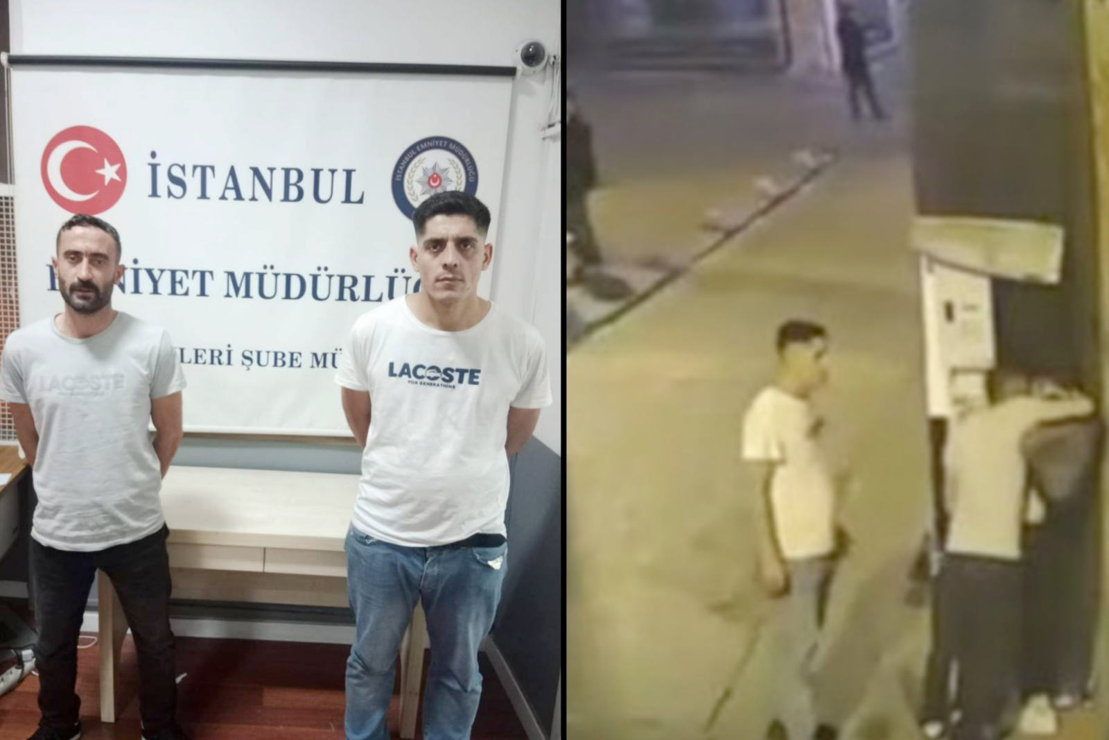 Security footage and arrest photo of the two men who sexually assaulted a woman in the Beyoglu district of Istanbul on 24 September. (Created with Canva)