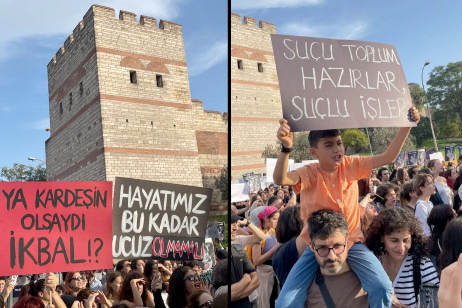 Protesters gather in front of the Edirnekapi city walls in Istanbul following the brutal murders of Aysenur Halil and Ikbal Uzuner with various posters, Türkiye, Oct. 5, 2024. (Photo created with Canva)
