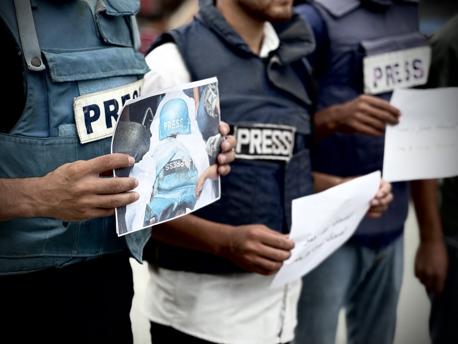 Journalists gathered in Gaza to protest the targeting of Anadolu's freelance cameraman Hamad and other journalists who were killed in the Israeli attacks, Khan Yunis, Gaza, October 6, 2024. (AA Photo)