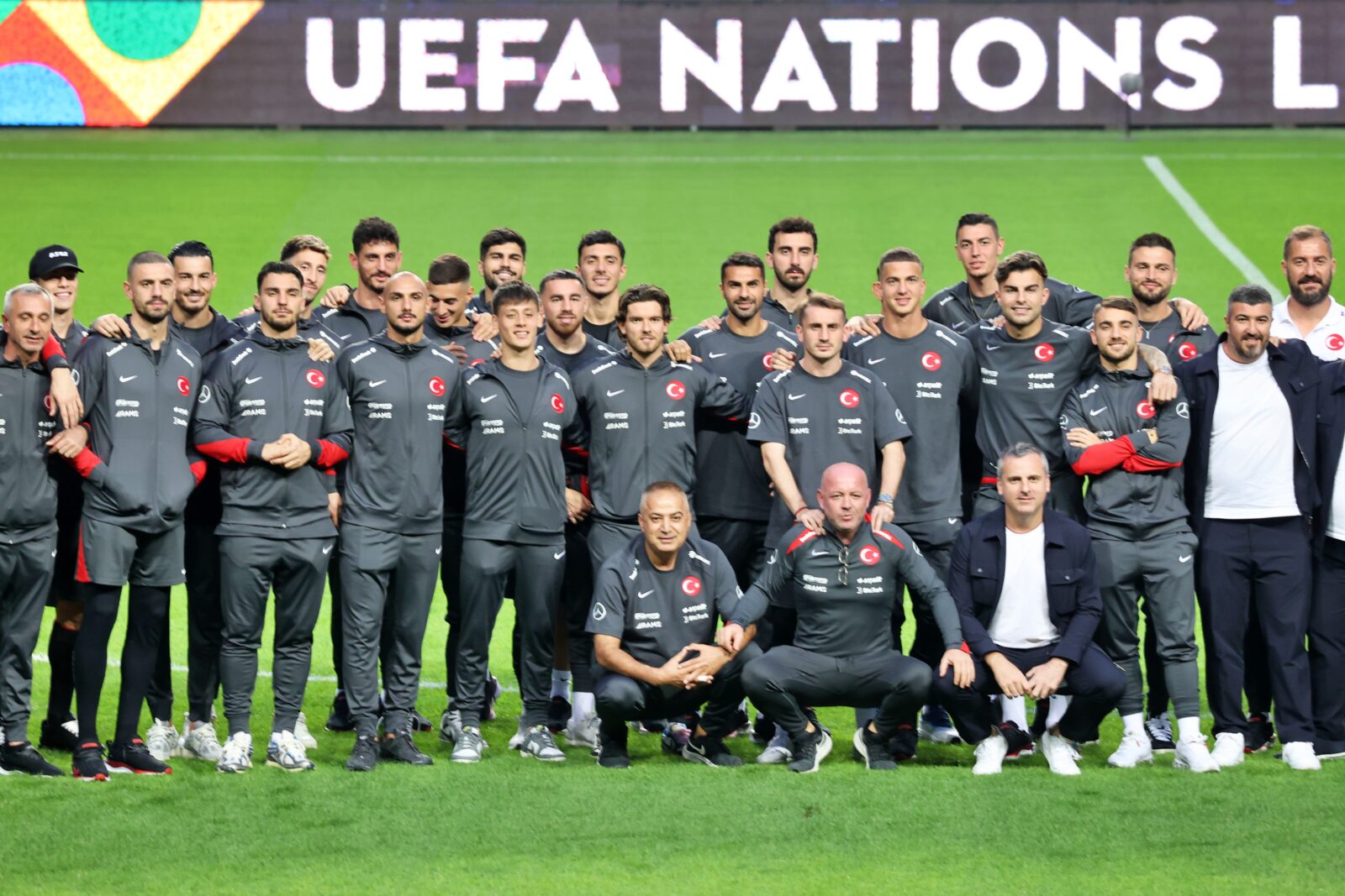 Turkish National Football Team players and technical staff pose for a team photo ahead of the UEFA Nations B League Group 4 football match against Montenegro in Samsun, Türkiye on October 10, 2024. (AA Photo)