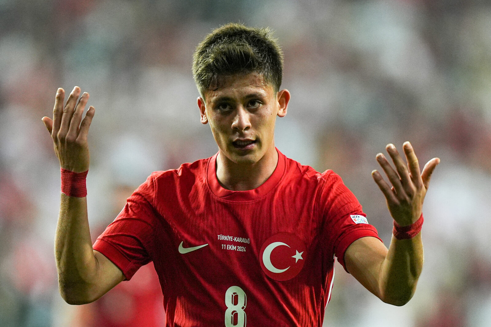 Arda Guler of Türkiye reacts during the UEFA Nations B League Group 4 match against Montenegro, Samsun, Türkiye on October 11, 2024. (AA Photo)
