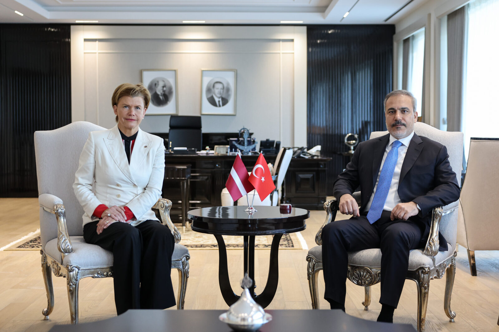 Turkish Foreign Minister Hakan Fidan (R) meets with Foreign Minister Baiba Braze in Ankara, Türkiye, Oct. 22, 2024. (AA Photo)