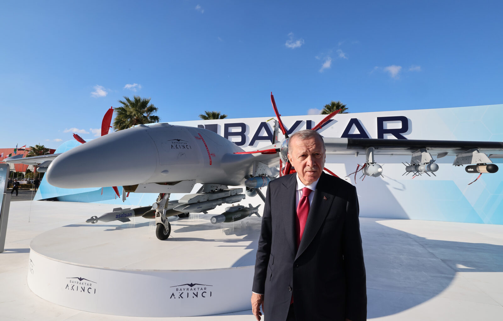Turkish President Recep Tayyip Erdogan is seen with Bayraktar Akinci as he attends the SAHA International Defense and Aerospace Expo 2024 in Istanbul, Türkiye on October 25, 2024. (TUR Presidency/ Murat Cetinmuhurdar - Anadolu Agency)