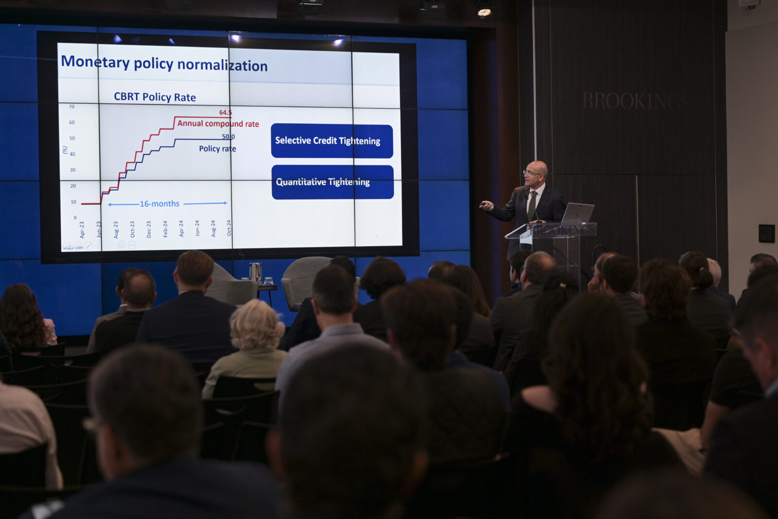Turkish Treasury and Finance Minister Mehmet Simsek delivers remarks as he attends an event at the Brookings Institution in Washington DC, US on Oct. 25, 2024. (AA Photo)