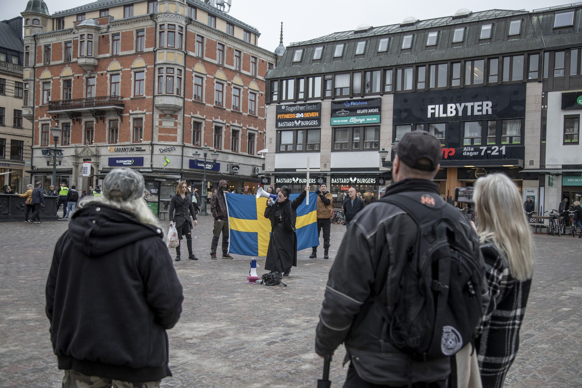 LINKOPING, SWEDEN - OCTOBER 26: Jade Sundberg, ACA “Cross Lady”, leads an anti-Islamic demonstration in Stora Torget, Linkoping, Sweden on October 26, 2024. ( Narciso Contreras  - Anadolu Agency )