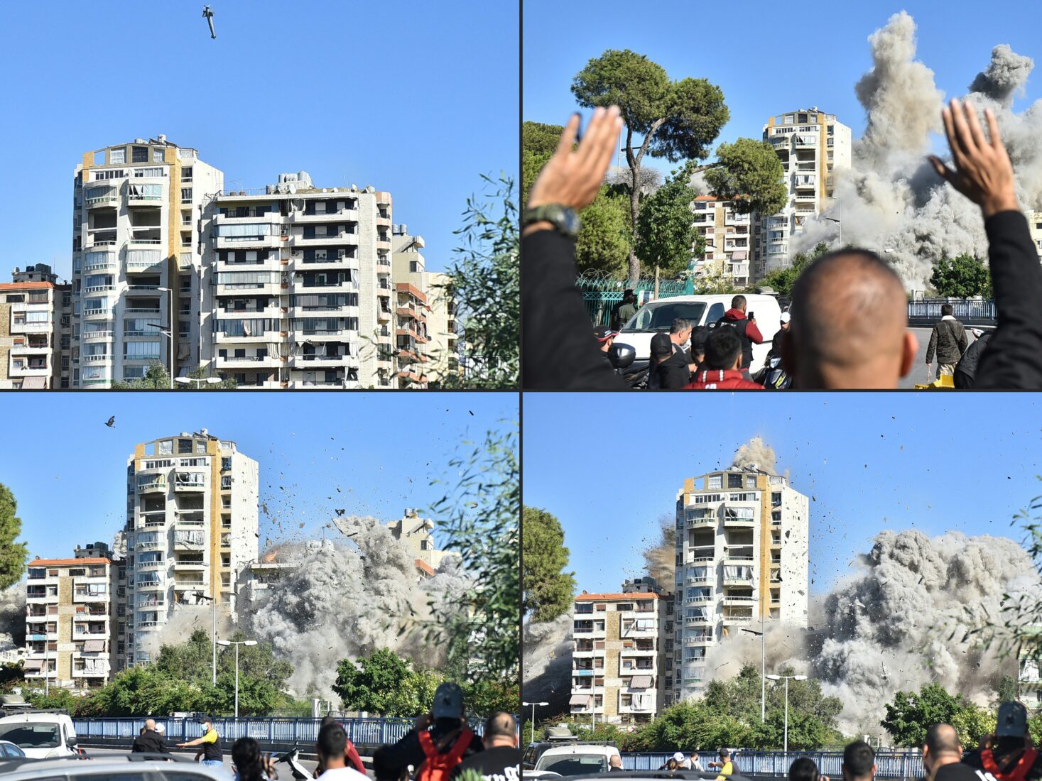 This combination of pictures created on October 22, 2024, shows a rocket fired by an Israeli war plane targeting a building in Beirut's southern suburb of Shayah on October 22, 2024, amid the ongoing war between Israel and Hezbollah. (AFP Photo)